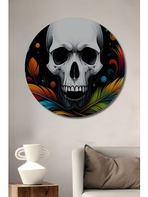 Renkli Tüylerle Dans Eden Kafatası Yağlı Boya Görünümlü Ev/işyeri/ofis Dekoratif Ahşap Tablo