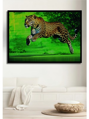 Çerçeve Görünümlü Yeşil Vahşi Yağlı Boya Görünümlü Jaguar Ev/işyeri/ofis Dekoratif Ahşap Kare Tablo