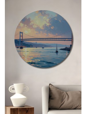 Istanbul Boğazı Köprüsü Yağlı Boya Görünümlü Dekoratif Ahşap Ev/işyeri/ofis Yuvarlak Tablo