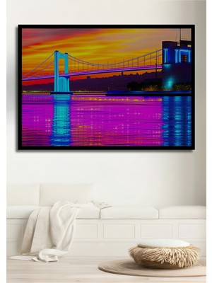 Çerçeve Görünümlü Neon Işıklar Altında Köprü Manzarası Yağlı Boya Görünümlü Ahşap Ofis Kare Tablo