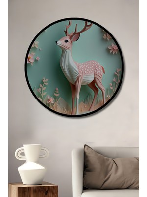 Çerçeve Görünümlü Pastel Renkli Geyik ve Çiçekler Dekoratif Ahşap Ev/işyeri/ofis Yuvarlak Tablo