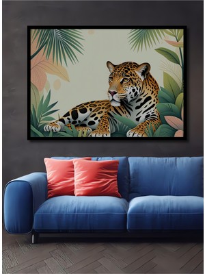 Çerçeve Görünümlü Tropikal Yapraklar Arasında Jaguar Dekoratif Ahşap Ev/işyeri/ofis Kare Tablo
