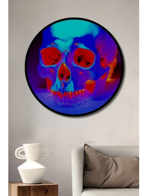 Çerçeve Görünümlü Neon Işıklar Altında Kafatası Yağlı Boya Görünümlü Ahşap Ofis Yuvarlak Tablo