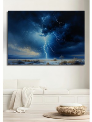 Şimşek Fırtınası Yağlı Boya Görünümlü Dekoratif Ahşap Ev/işyeri/ofis Kare Tablo