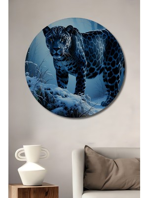 Karda Yürüyen Jaguar Yağlı Boya Görünümlü Ev/işyeri/ofis Dekoratif Ahşap Yuvarlak Tablo