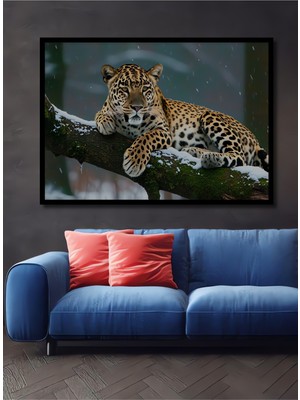 Çerçeve Görünümlü Kar Leoparı Karda Yağlı Boya Görünümlü Dekoratif Ahşap Ev/işyeri/ofis Kare Tablo