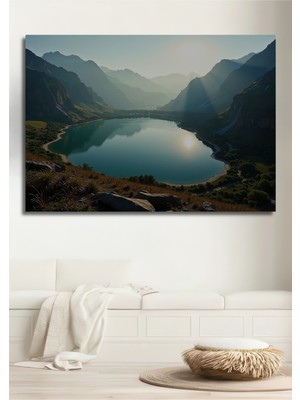 Dağlar Arası Sakin Göl Manzarası Yağlı Boya Görünümlü Dekoratif Ahşap Ev/işyeri/ofis Kare Tablo