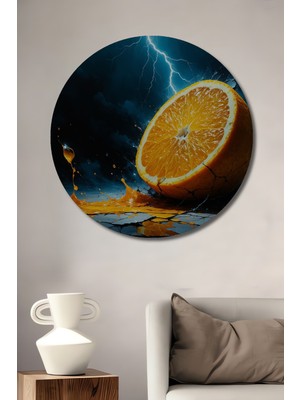 Şimşekli Gökyüzünde Portakal Yağlı Boya Görünümlü Dekoratif Ahşap Ev/işyeri/ofis Yuvarlak Tablo