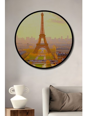 Çerçeve Görünümlü Eiffel Kulesi Yağlı Boya Görünümlü Paris Manzarası Ahşap Ofis Yuvarlak Tablo