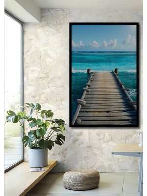 Çerçeve Görünümlü Turkuaz Deniz Ahşap Iskele Manzarası Salon Ahşap Kare Tablo