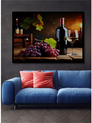 Çerçeve Görünümlü Kırmızı Şarap Üzüm Romantizmi Yağlı Boya Görünümlü Ahşap Ofis Kare Tablo