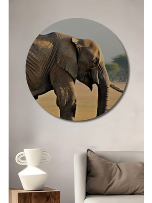 Sulu Boya Görünümlü Savan Fil Heybeti Ev/işyeri/ofis/salon Ahşap Dekoratif Yuvarlak Tablo