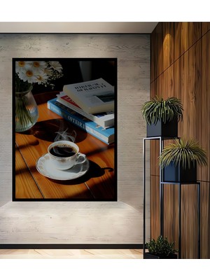 Çerçeve Görünümlü Buharlı Kahve Kitap ve Papatyalar Dekoratif Ahşap Ev/işyeri/ofis Kare Tablo