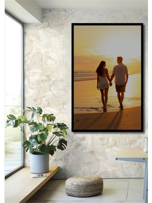 Çerçeve Görünümlü Gün Batımında Aşk Yürüyüşü Dekoratif Ahşap Ev/işyeri/ofis Kare Tablo