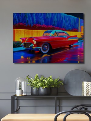 Neon Işıkları Altında Klasik Araba Yağlı Boya Görünümlü Dekoratif Ahşap Ev/işyeri/ofis Kare Tablo