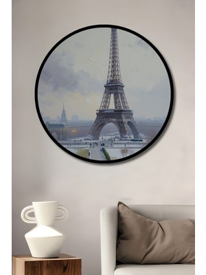 Çerçeve Görünümlü Karlı Paris Eyfel Kulesi Yağlı Boya Görünümlü Dekoratif Ahşap Ofis Yuvarlak Tablo