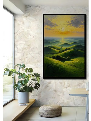 Çerçeve Görünümlü Yeşil Vadilerde Günbatımı Yağlı Boya Görünümlü Dekoratif Ahşap Ofis Kare Tablo