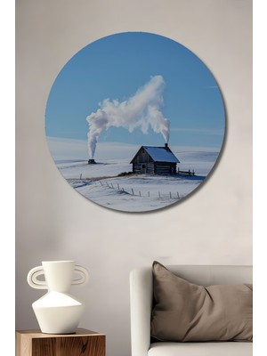 Kış Rüyası Dekoratif Ahşap Ev Manzarası Yağlı Boya Görünümlü Ev/işyeri/ofis Yuvarlak Tablo