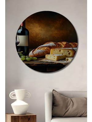 Şarap Peynir Ekmek Üçlemesi Yağlı Boya Görünümlü Dekoratif Ahşap Ev/işyeri/ofis Yuvarlak Tablo