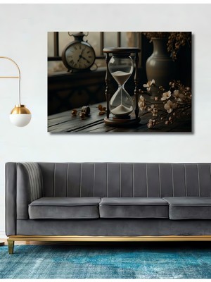 Eski Zaman Kum Saati Çiçekler Yağlı Boya Görünümlü Dekoratif Ahşap Ev/işyeri/ofis Kare Tablo