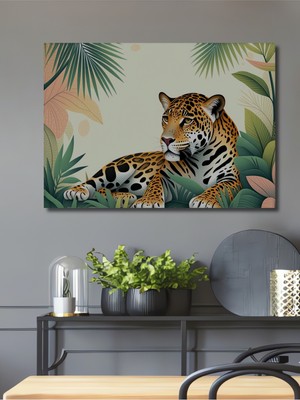 Tropikal Yapraklar Arasında Jaguar Dekoratif Ahşap Ev/işyeri/ofis Kare Tablo