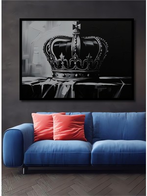 Çerçeve Görünümlü Siyah Beyaz Kraliyet Tacı Yağlı Boya Görünümlü Dekoratif Ahşap Ofis Kare Tablo