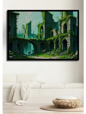Çerçeve Görünümlü Yeşilin Dansı Antik Şato Yağlı Boya Görünümlü Dekoratif Ahşap Ofis Kare Tablo