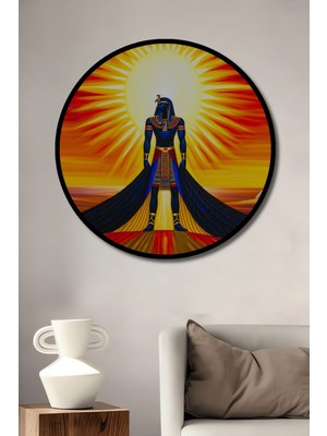 Çerçeve Görünümlü Horus ve Piramitler Yağlı Boya Görünümlü Dekoratif Ahşap Ofis Yuvarlak Tablo