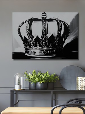 Siyah Beyaz Kraliyet Tacı Yağlı Boya Görünümlü Dekoratif Ahşap Ev/işyeri/ofis Kare Tablo