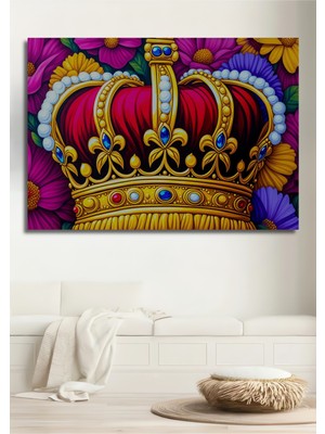 Çiçekler Içinde Altın Taç Yağlı Boya Görünümlü Dekoratif Ahşap Ev/işyeri/ofis Kare Tablo