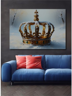 Karlar Altında Altın Taç Yağlı Boya Görünümlü Dekoratif Ahşap Ev/işyeri/ofis Kare Tablo