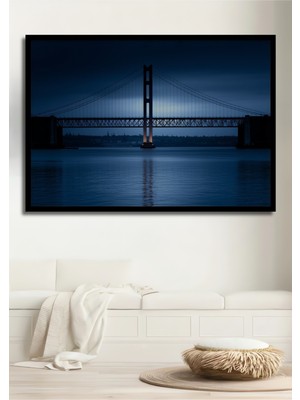 Çerçeve Görünümlü Mavi Köprü Manzarası Yağlı Boya Görünümlü Dekoratif Ahşap Işyeri/ofis Kare Tablo