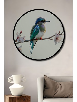 Çerçeve Görünümlü Bahar Dalları Üzerinde Turkuaz Kuş Sulu Boya Görünümlü Dekoratif Ahşap Ofis Tablo