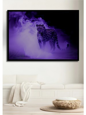 Çerçeve Görünümlü Mor Duman Içindeki Leopar Yağlı Boya Görünümlü Ofis Dekoratif Ahşap Kare Tablo