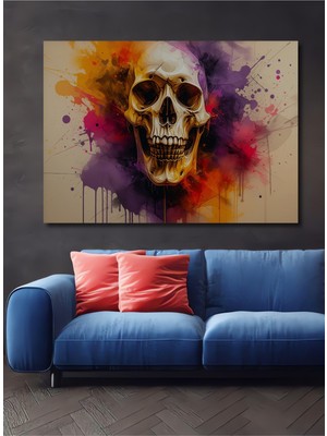 Altın Kafatası Sulu Boya Görünümlü Modern Sanat Dekoratif Ahşap Ev/işyeri/ofis Kare Tablo