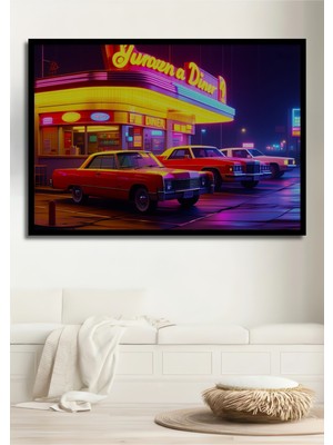 Çerçeve Görünümlü Neon Işıklı Amerikan Diner Nostalji Yağlı Boya Görünümlü Ahşap Ofis Kare Tablo
