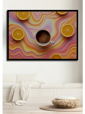 Çerçeve Görünümlü Turunçgiller ve Kahve Rüyası Yağlı Boya Görünümlü Dekoratif Ahşap Ofis Kare Tablo