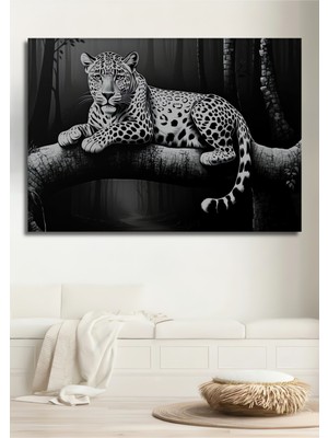 Ormanda Dinlenen Leopar Yağlı Boya Görünümlü Dekoratif Ahşap Ev/işyeri/ofis Kare Tablo