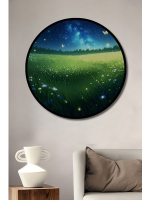 Çerçeve Görünümlü Gece Kelebekleri Çiçek Bahçesi Yağlı Boya Görünümlü Ahşap Ofis Yuvarlak Tablo