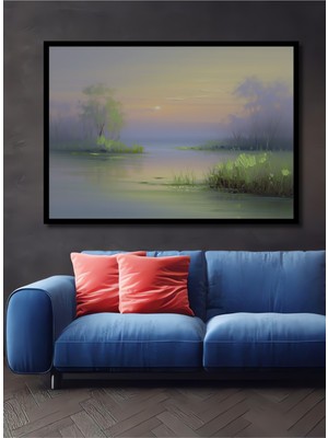 Çerçeve Görünümlü Huzurlu Göl Manzarası Yağlı Boya Görünümlü Dekoratif Ahşap Işyeri/ofis Kare Tablo