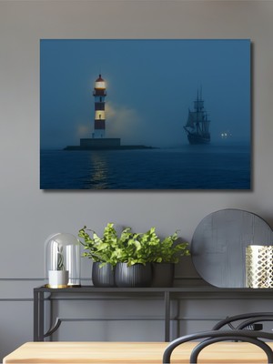 Sisli Denizde Fener ve Yelkenli Yağlı Boya Görünümlü Dekoratif Ahşap Ev/işyeri/ofis Kare Tablo