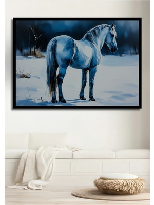 Çerçeve Görünümlü Beyaz At Kış Rüyası Yağlı Boya Görünümlü Dekoratif Ahşap Işyeri/ofis Kare Tablo