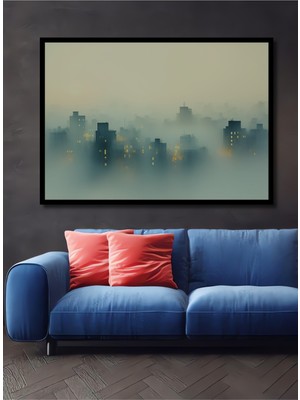 Çerçeve Görünümlü Sisli Şehir Yağlı Boya Görünümlü Dekoratif Ahşap Ev/işyeri/ofis Kare Tablo