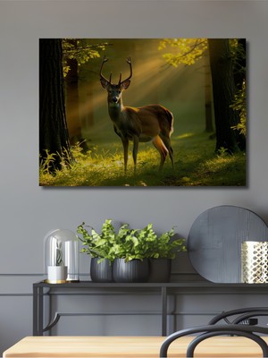 Ormanda Parıldayan Geyik Yağlı Boya Görünümlü Dekoratif Ahşap Ev/işyeri/ofis Kare Tablo