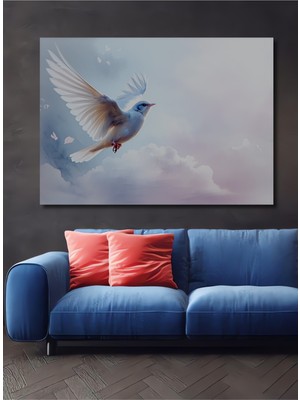 Beyaz Güvercin Bulutların Dansı Yağlı Boya Görünümlü Dekoratif Ahşap Ev/işyeri/ofis Kare Tablo