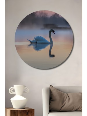 Pastel Tonlarda Kuğu Gölü Yağlı Boya Görünümlü Dekoratif Ahşap Ev/işyeri/ofis Yuvarlak Tablo