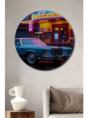 Retro Diner Rüya Otomobil Yağlı Boya Görünümlü Dekoratif Ahşap Ev/işyeri/ofis Yuvarlak Tablo