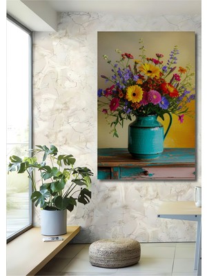 Vazoda Renkli Çiçekler Yağlı Boya Görünümlü Dekoratif Ahşap Ev/işyeri/ofis Kare Tablo