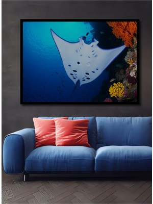Çerçeve Görünümlü Manta Vatozu Mercan Resifi Sulu Boya Görünümlü Dekoratif Ahşap Ofis Kare Tablo
