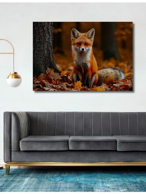 Sonbahar Ormanında Tilki Yağlı Boya Görünümlü Dekoratif Ahşap Ev/işyeri/ofis Kare Tablo